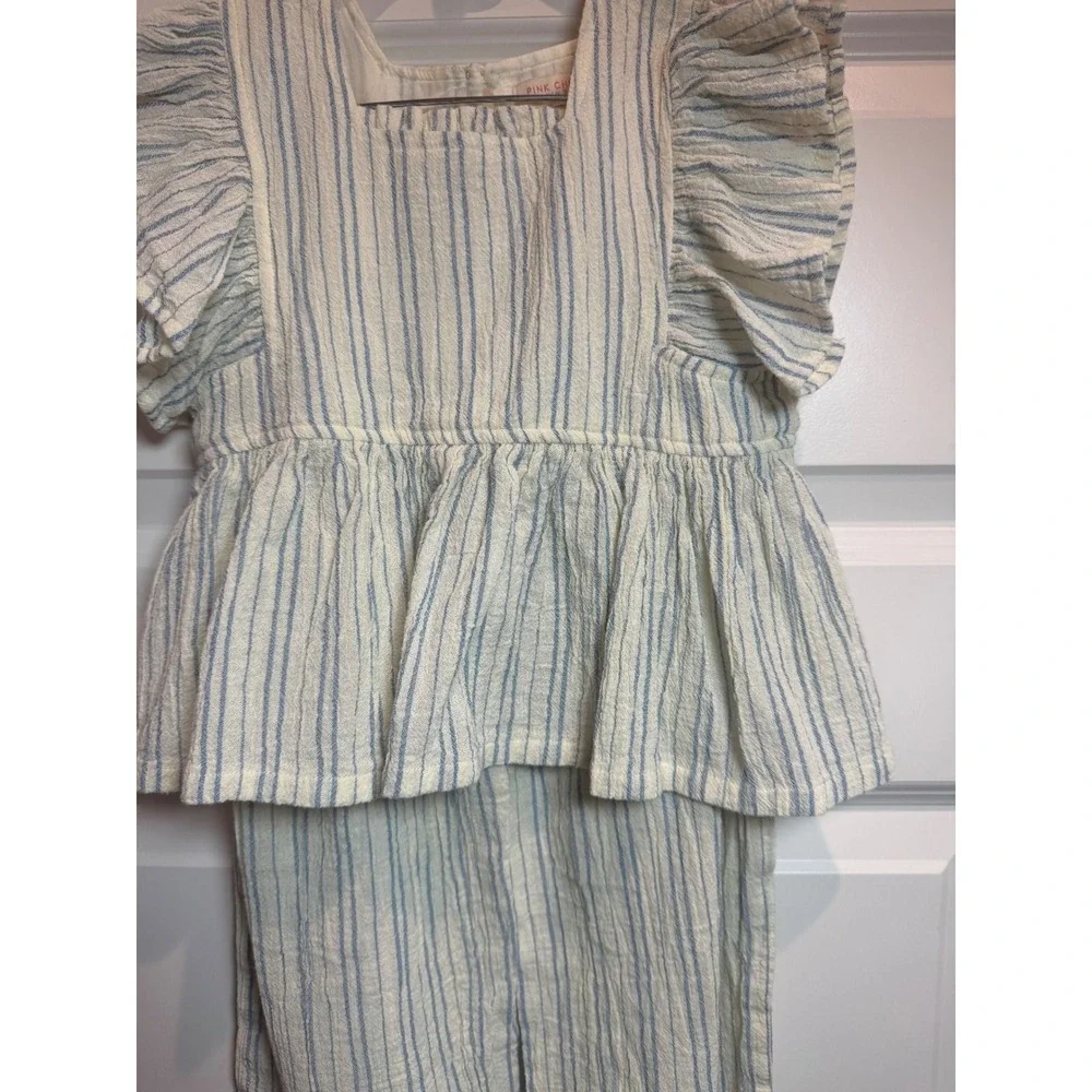 Pink Chicken Girls 5Y Blue White Striped Gauze Peplum Top and Wide Leg Pants Set - Picture 3 of 8